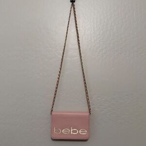 Bebe Logo Pink Crossbody Wallet Bag Gold Logo Chain Strap Mini Purse